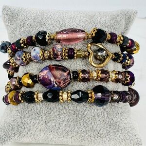 Glass & Stone Wrap Bracelet Faceted Aurora Borealis Beads Purple Black Gold Glam